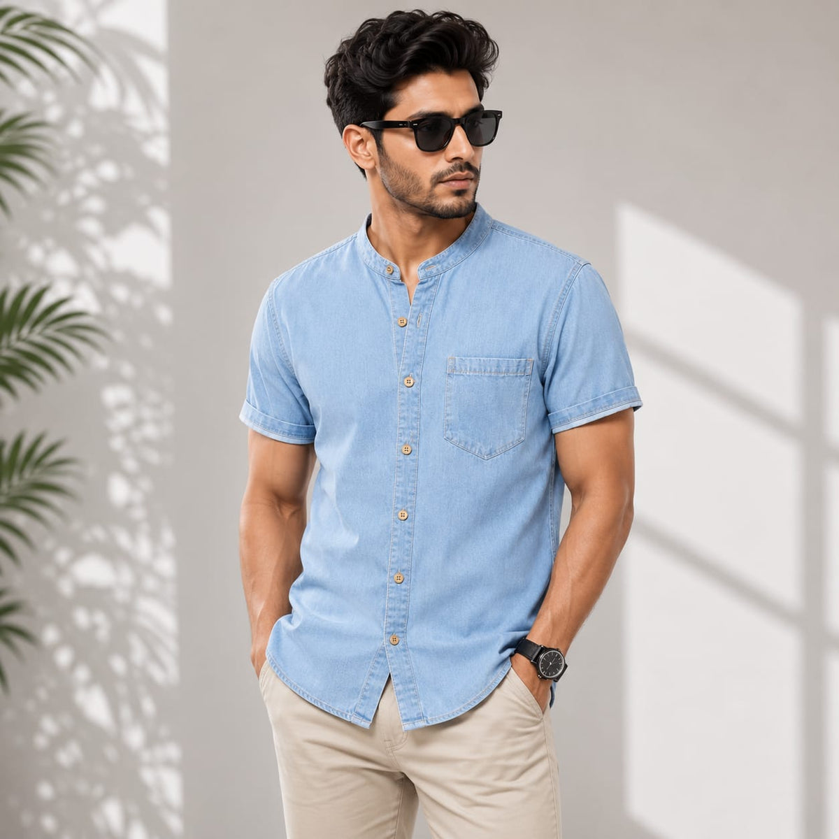 SoftWash Band Collar Denim Shirt