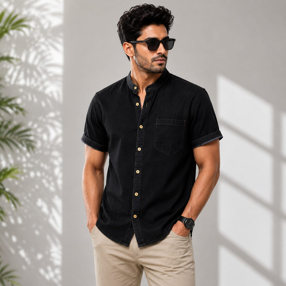 SoftWash Band Collar Denim Shirt