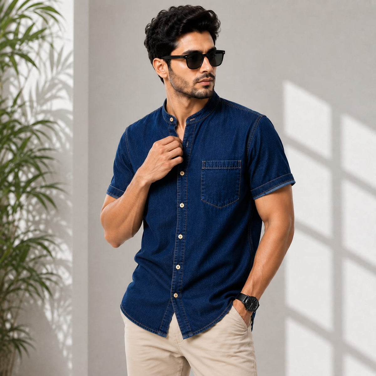 SoftWash Band Collar Denim Shirt